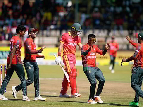 Bangladesh's Mosaddek Hossain celebrates the wicket of Zimbabwe batsman Sean Williams during the second T20 at Harare Sports Club in Harare on Sunday.