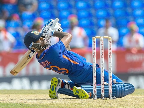 Suryakumar Yadav, of India, hits a boundary during the third T20I match against West Indies at Warner Park in Basseterre, Saint Kitts and Nevis, on August 2, 2022.