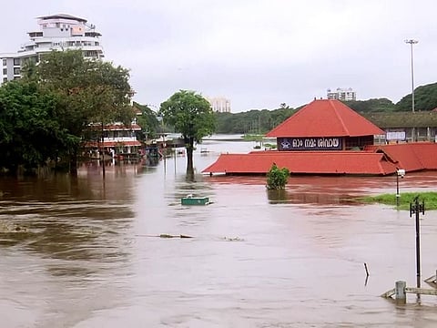 Aluva Mahadeva Temple partially submerges in the Periyar river as its water level increased following incessant rainfall, in Kochi on Wednesday, August 3, 2022.