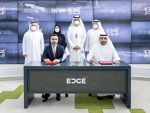 The new Industry 4.0 Enablement Centre will offer specialised training to upskill manufacturer capabilities. Pictured here are Faisal Al Bannai, Chairman of EDGE, Dr. Sultan Al Jaber, UAE Minister of Industry and Advanced Technology, Sarah Al Amiri, Minister of State for Public Education and Advanced Technology.