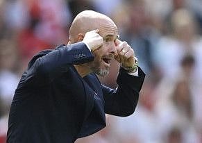 Manchester United manager Erik ten Hag reacts during the Premier League clash against Brighton at Old Trafford.