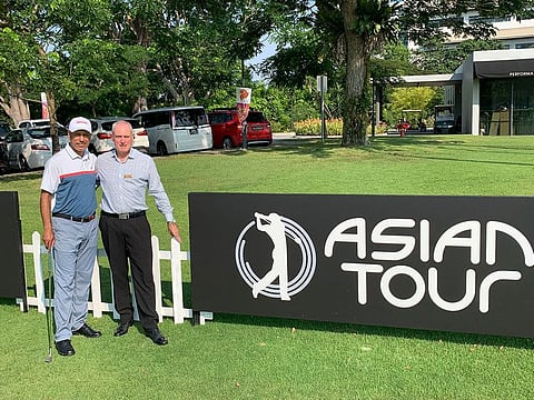 Dubai-based Jeev Milkha Singh (left) with Elliott Gray, former GM of Arabian Ranches Golf Club, Dubai and now, GM of Tanah Merah Country Club, host venue of this week's $1.5 million International Series - Singapore on the Asian Tour.