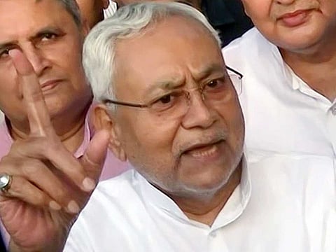 JD(U) leader Nitish Kumar addresses a joint press conference with RJD's Tejashwi Yadav after meeting Bihar Governor, in Patna on Tuesday, August 9, 2022.
