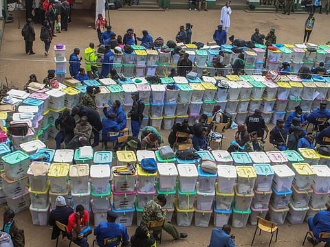 Ballot boxes lie stacked in rows at a tallying centre in Nairobi, Kenya Wednesday, Aug. 10, 2022.