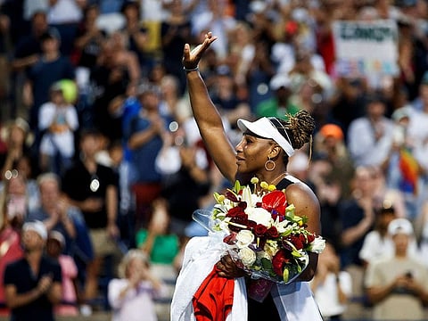 Serena Williams waves to the crowd following her loss against Switzerland's Belinda Bencic during the National Bank Open in Toronto, Ontario, Canada August 10, 2022.