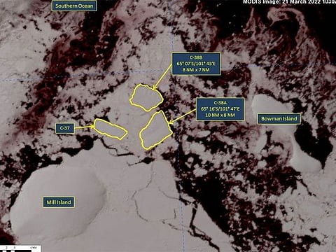 NASA Modis satellite image of an Antarctic ice shelf taken March 21, 2022 in this handout image obtained March 25, 2022.