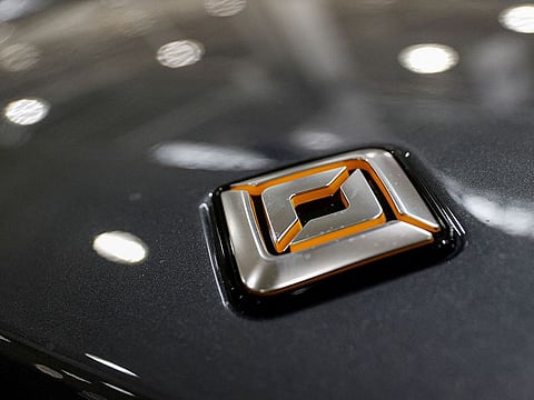 The logo of startup Rivian Automotive's is seen at the electric vehicle factory in Normal, Illinois.
