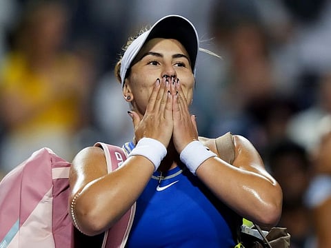 Bianca Andreescu of Canada reacts to the crowd after losing her match to Zheng Qinwen of China in Toronto on Thursday.