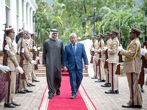 President His Highness Sheikh Mohamed bin Zayed Al Nahyan (left) with Wavel Ramkalawan, President of the Republic of Seychelles, at the State House in Victoria on Friday