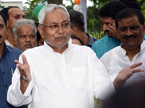 Bihar Chief Minister Nitish Kumar speaks to the media, in Patna on Friday, Aug 12, 2022.