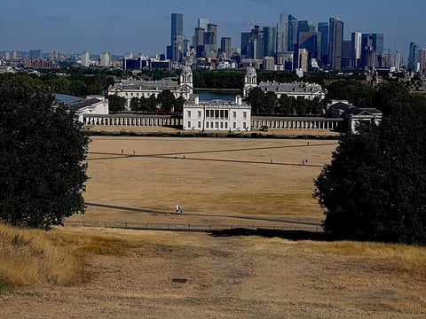 Dry and sun burnt grass spreads in Greenwich Park with the backdrop of Queens House and the high risers of Canary Wharf in London, Tuesday, Aug. 9, 2022.