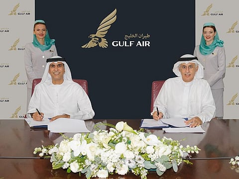 Sheikh Salem bin Sultan, chairman of Ras Al Khaimah International Airport, and Zayed Alzayani, chairman of Gulf Air's board.