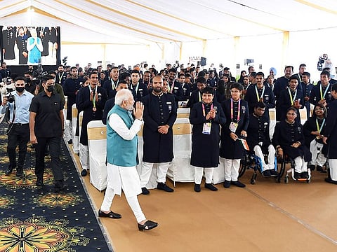 Prime Minister Narendra Modi felicitates Indian Contingent for Commonwealth Games 2022, in New Delhi on Saturday.