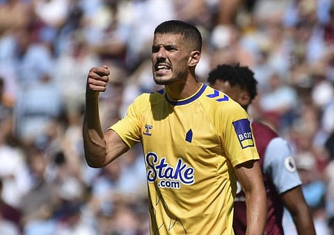Everton's Conor Coady reacts during the English Premier League match against Aston Villa at Villa Park in Birmingham, England.