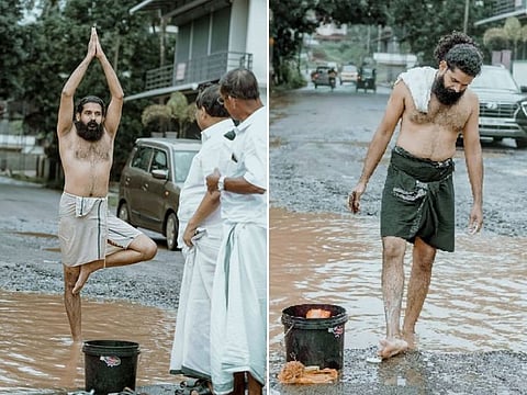 The man takes bath in waterlogged pothole and performs yoga before local MLA to address the issue.