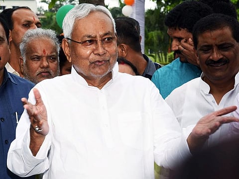 Bihar Chief Minister Nitish Kumar speaks to the media, in Patna on August 12, 2022. His presence could give a fillip to the opposition camp, which is only partially united.