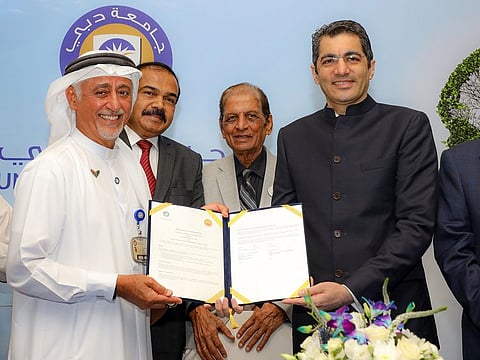 Dr Eesa Bastaki and Dr Aman Puri after the MoU signing ceremonyfor the student exchange programme in Dubai on Monday