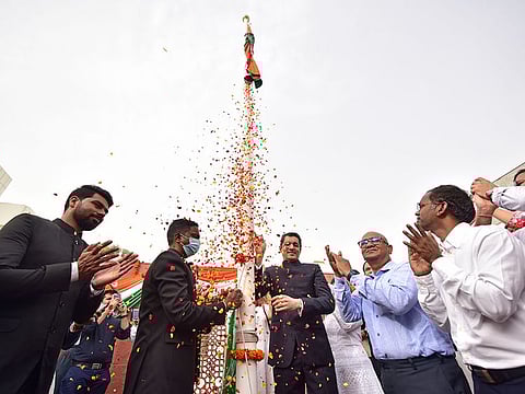 Consul General of India in Dubai, Dr Aman Puri, raises the Indian national flag at the Indian consulate in Dubai