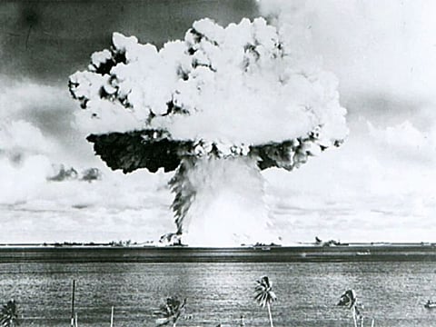 This US Navy handout image shows Baker, the second of the two atomic bomb tests, in which a 63-kiloton warhead was exploded 90 feet under water as part of Operation Crossroads, conducted at Bikini Atoll in July 1946 to measure nuclear weapon effects on warships.