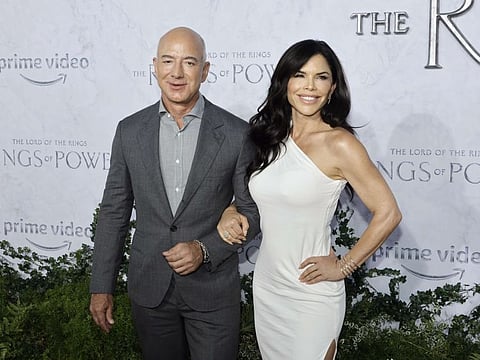 Jeff Bezos, Amazon Founder & Executive Chair, and Laura Sánchez attend the Los Angeles Premiere of Amazon Prime Video's "The Lord Of The Rings: The Rings Of Power" at The Culver Studios on August 15, 2022 in Culver City, California.