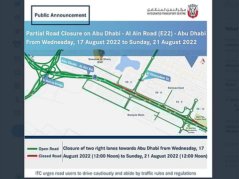 The Department of Municipalities and Transport’s Integrated Transport Centre announces partial closure of two lanes on E22 from August 17 to 21.
