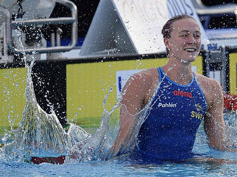 Sweden's Sarah Sjoestroem reacts after winning the women's 50m freestyle final during the LEN European Aquatics Championships in Rome on Tuesday.