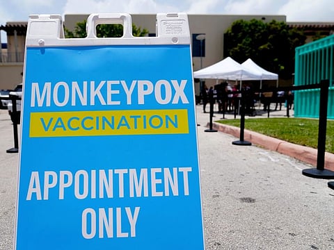 A sign for monkeypox vaccinations is shown in Miami Beach, Florida.
