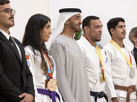 President His Highness Sheikh Mohamed bin Zayed Al Nahyan with the Emirati winners of the jiu-jitsu competition at the World Games 2022