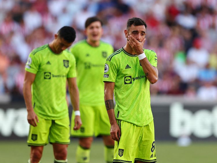 Manchester United's Bruno Fernandes reacts after the 4-0 loss to Brentford at the Brentford Community Stadium, London.
