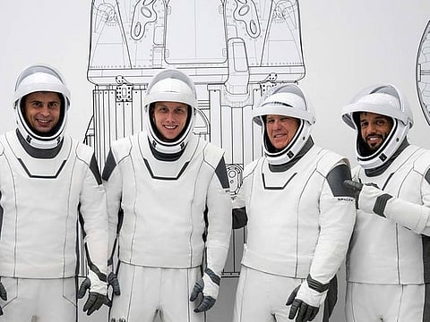 From left are, Mission Specialist Andrey Fedyaev, Pilot William Hoburg, Commander Stephen Bowen, and Mission Specialist Sultan Al Neyadi. UAE astronaut Sultan Al Neyadi was chosen as first Arab to go on 6-month mission to International Space Station to commence in 2023. This historic milestone builds on the strong foundations of the UAE’s burgeoning space programme.