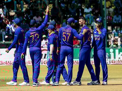 India's Prasidh Krishna celebrates the dismissal of Zimbabwe's Richard Ngarava during the 1st ODI match against Zimbabwe at Harare Sports Club, in Harare.