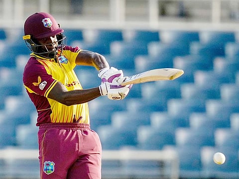 West Indies' Shamarh Brooks plays a shot