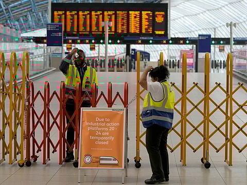 Platforms at Waterloo Station are closed as members of the Rail, Maritime and Transport union (RMT) began fresh nationwide strikes in a bitter dispute over pay, jobs and conditions in London, Thursday, Aug. 18, 2022.