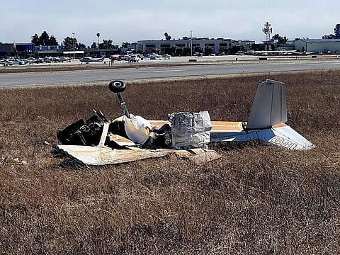This photo provided by KION-TV shows multiple agencies responding to Watsonville Municipal Airport, northwest of Watsonville, in Santa Cruz County, Calif. after 2 planes attempting to land collided on Thursday, Aug. 18, 2022.
