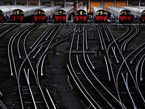 Piccadilly line trains sit in their depot as members of the Rail, Maritime and Transport union (RMT) strike over jobs, pay and pensions in London, Friday, Aug. 19, 2022.