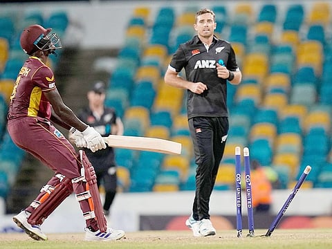 West Indies' Alzarri Joseph is bowled by New Zealand's Tim Southee during the second ODI at Kensington Oval in Bridgetown, Barbados, on August 19, 2022.