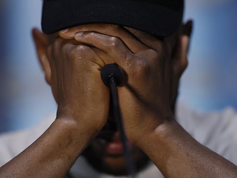 Anthony Joshua in tears during the press conference after losing the heavyweight bout to Oleksandr Usyk in Jeddah on Saturday.