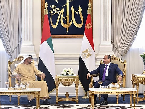 President His Highness Sheikh Mohamed bin Zayed Al Nahyan (left) with his Egyptian counterpart Abdel Fattah el-Sissi in Alamein city in Egypt
