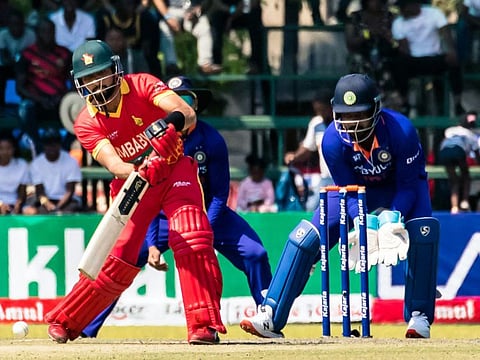 Zimbabwe's Sikandar Raza plays a shot during the 3rd ODI match against India at Harare Sports Club, in Harare.