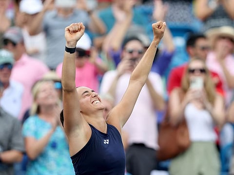 Caroline Garcia of France celebrates her win against Petra Kvitova of Czech Republic during the women's final of the Western & Southern Open at Lindner Family Tennis Center in Mason, Ohio.