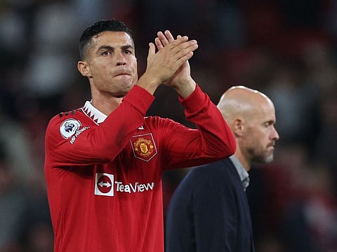 Manchester United's Cristiano Ronaldo applauds fans after the match.