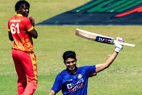 India's Shubman Gill celebrates his century during the 3rd ODI match against Zimbabwe, at Harare Sports Club, in Harare.