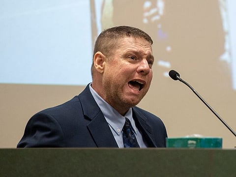 FILE - Jacob Blair Scott, who is accused of sexually assaulting a minor, cries out while being cross-examined by Assistant District Attorney Justin Lovorn, during his trial in Jackson County Circuit Court in Pascagoula, Miss., on Wednesday, June 1, 2022.