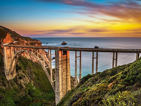 The famous Bixby Bridge in California on the classic drive along Highway 1 is a landmark featured in many Hollywood movies