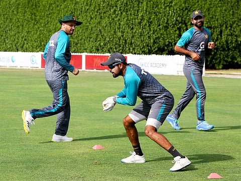 Pakistan cricketers practise at the ICC Academy in Dubai on Wednesday.