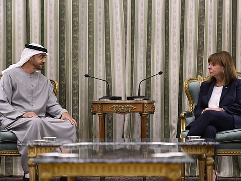 UAE President Sheikh Mohamed meets with Katerina Sakellaropoulou, President of the friendly Republic of Greece during his visit on Thursday