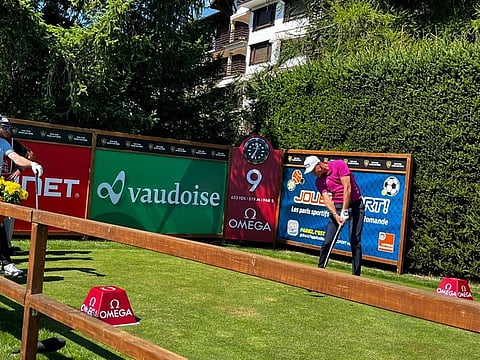 Dubai-based Adrian Meronk teeing off on the ninth tee during his first round in the Omega European Open.