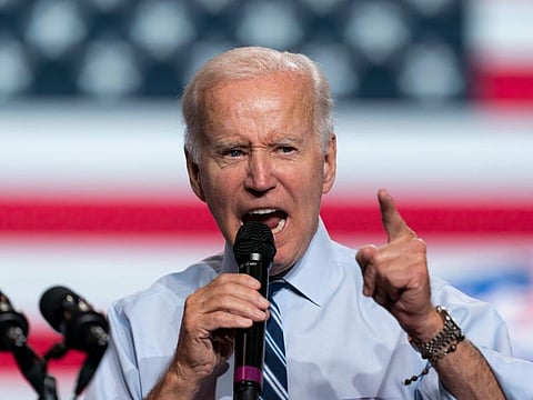 President Joe Biden speaks during a rally for the Democratic National Committee at Richard Montgomery High School, Thursday, Aug. 25, 2022, in Rockville, Md.
