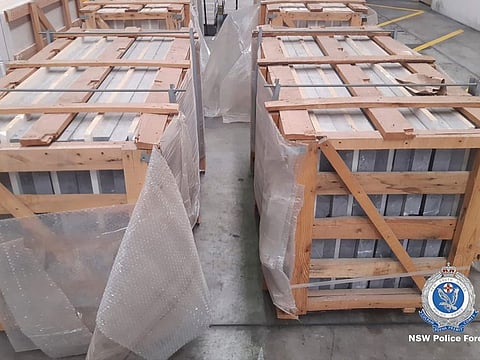 In this photo released on Aug. 26, 2022, by the New South Wales Police Force marble tiles are stored in a facility in Sydney, Australia. Authorities have found 1.8 metric tons of methamphetamine hidden in marble tiles shipped to Sydney in what police describe as the largest-ever seizure of the illicit drug in Australia.