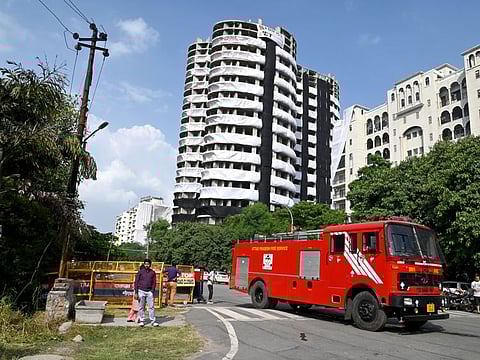A view of the Supertech's 40-storey illegal Twin Towers Apex & Ceyane all set for demolition, in Noida on Saturday, August 27, 2022.
